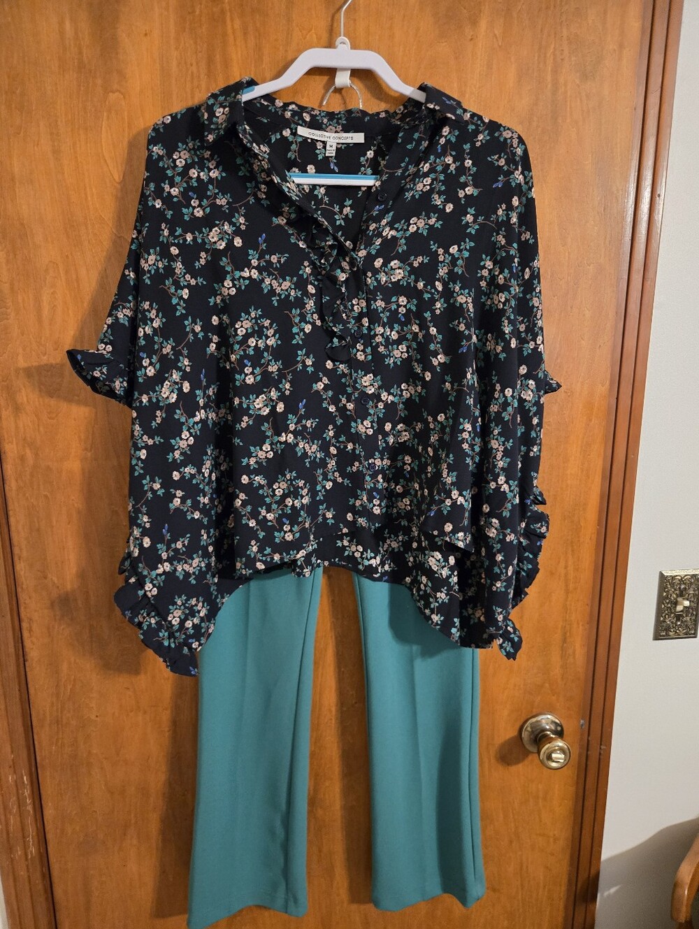 Collective Concepts Navy Floral Print Top with Blue and Beige Flowers & Pants
